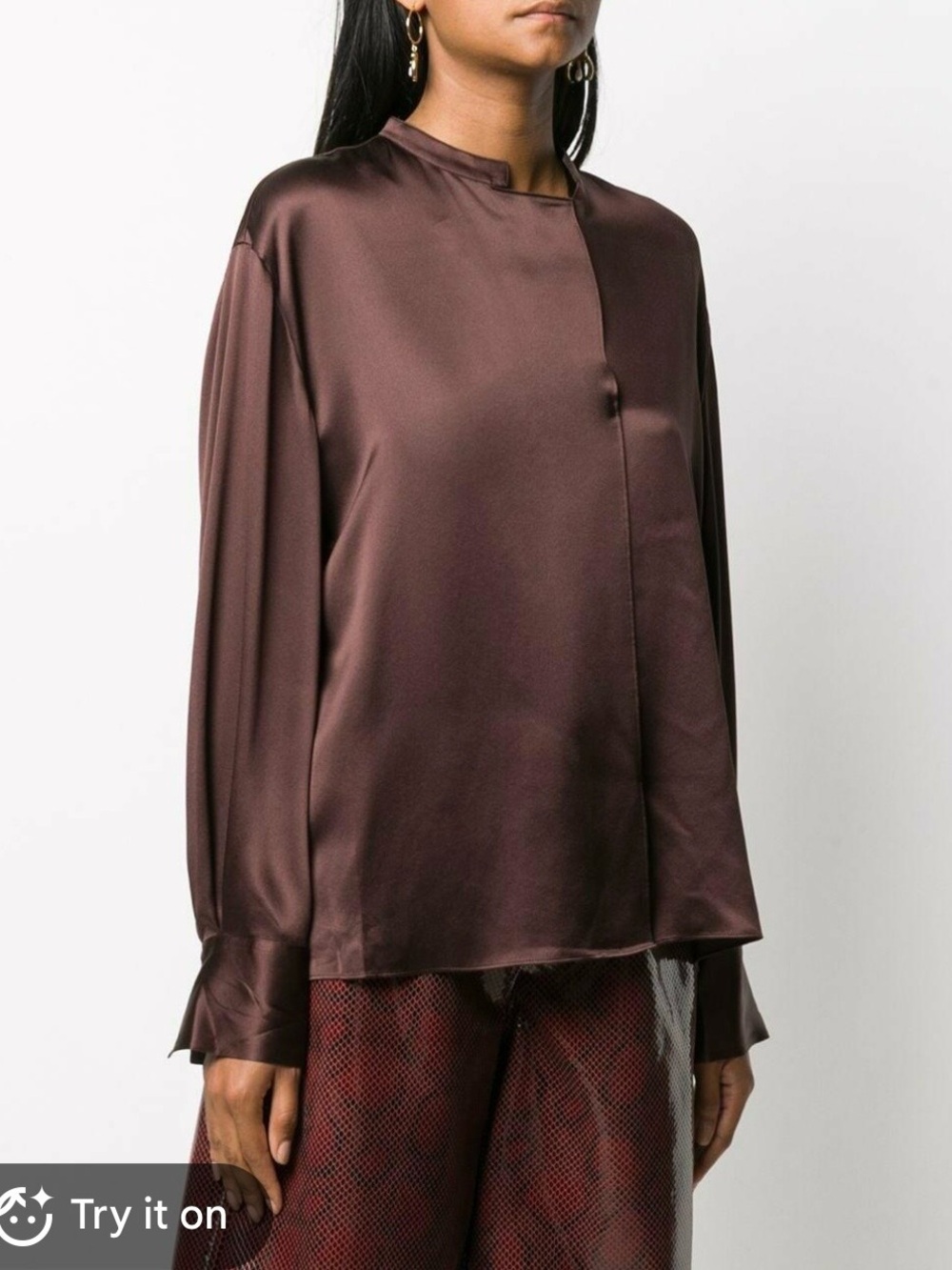 Vince silk band collar drape front blouse chocolate brown M minimalist